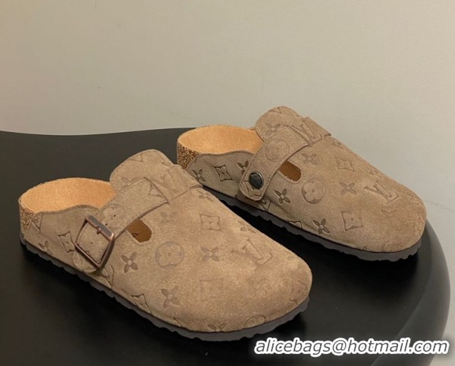 Good Quality Louis Vuitton LV Cosy Flat Comfort Clog Mules with Buckle Strap in Monogram Suede Brown 1022114