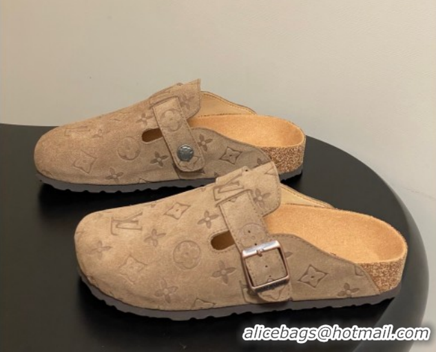 Good Quality Louis Vuitton LV Cosy Flat Comfort Clog Mules with Buckle Strap in Monogram Suede Brown 1022114