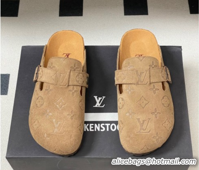 Good Quality Louis Vuitton LV Cosy Flat Comfort Clog Mules with Buckle Strap in Monogram Suede Brown 1022114