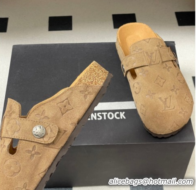 Good Quality Louis Vuitton LV Cosy Flat Comfort Clog Mules with Buckle Strap in Monogram Suede Brown 1022114