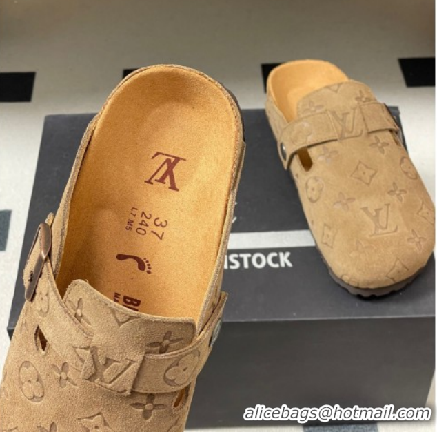 Good Quality Louis Vuitton LV Cosy Flat Comfort Clog Mules with Buckle Strap in Monogram Suede Brown 1022114