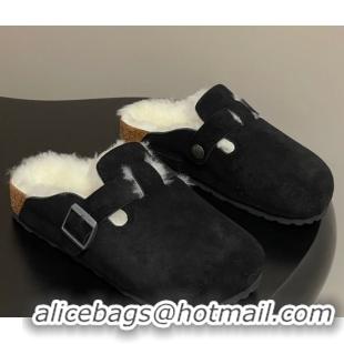 Purchase Louis Vuitton x Birkenstock Flat Mules with Buckle Strap in Suede and Wool Black 1022115