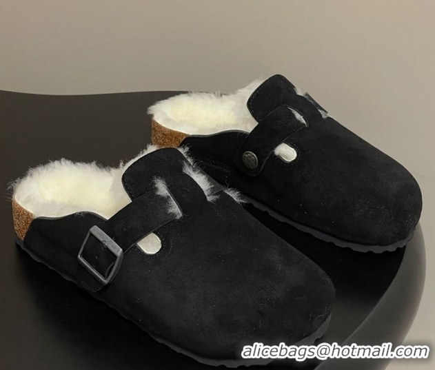 Purchase Louis Vuitton x Birkenstock Flat Mules with Buckle Strap in Suede and Wool Black 1022115