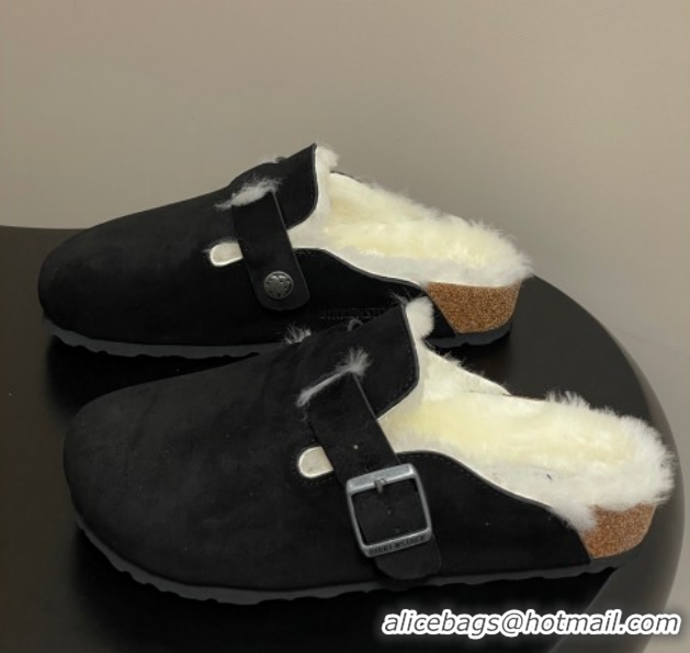 Purchase Louis Vuitton x Birkenstock Flat Mules with Buckle Strap in Suede and Wool Black 1022115