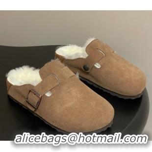 Sumptuous Louis Vuitton x Birkenstock Flat Mules with Buckle Strap in Suede and Wool Light Brown 1022116