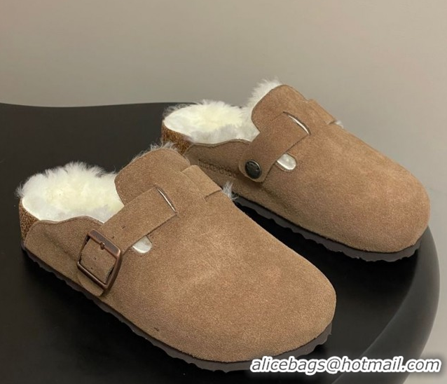 Sumptuous Louis Vuitton x Birkenstock Flat Mules with Buckle Strap in Suede and Wool Light Brown 1022116