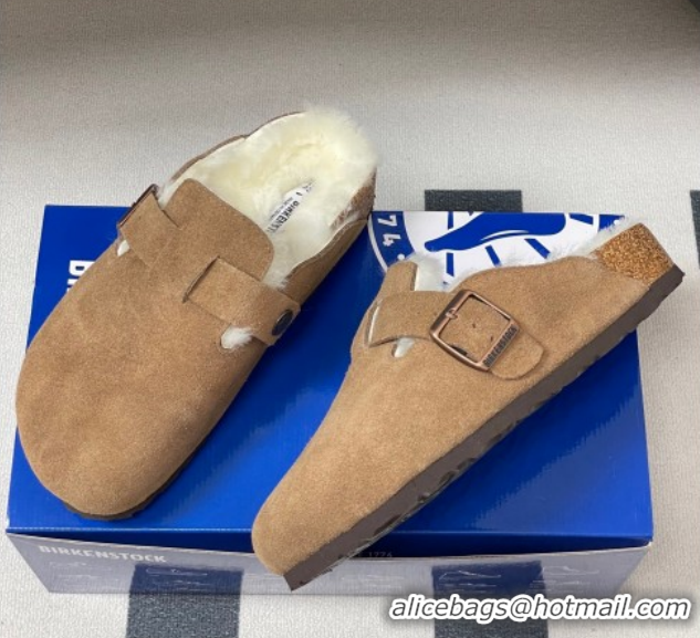 Sumptuous Louis Vuitton x Birkenstock Flat Mules with Buckle Strap in Suede and Wool Light Brown 1022116