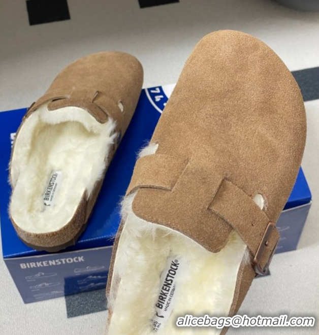 Sumptuous Louis Vuitton x Birkenstock Flat Mules with Buckle Strap in Suede and Wool Light Brown 1022116