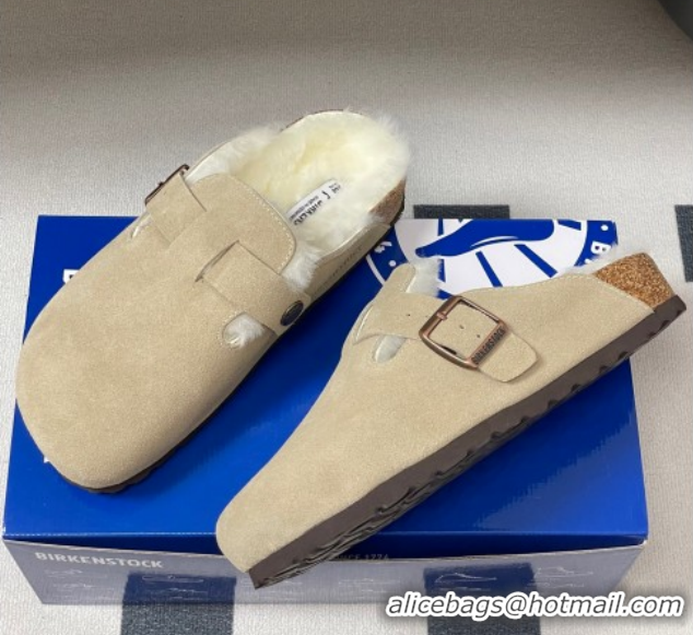 Top Grade Louis Vuitton x Birkenstock Flat Mules with Buckle Strap in Suede and Wool Grey 1022117