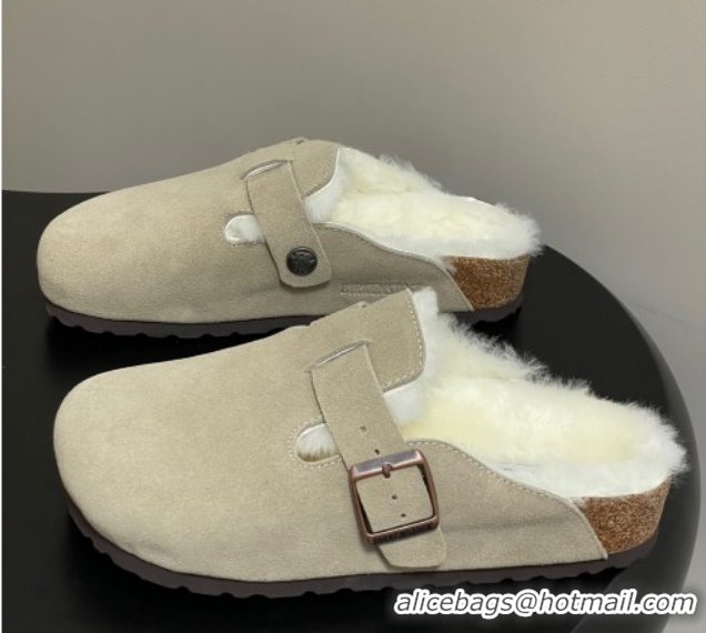 Top Grade Louis Vuitton x Birkenstock Flat Mules with Buckle Strap in Suede and Wool Grey 1022117