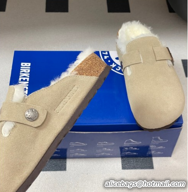 Top Grade Louis Vuitton x Birkenstock Flat Mules with Buckle Strap in Suede and Wool Grey 1022117