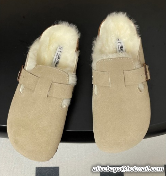 Top Grade Louis Vuitton x Birkenstock Flat Mules with Buckle Strap in Suede and Wool Grey 1022117