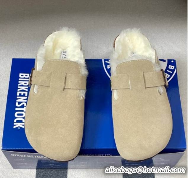 Top Grade Louis Vuitton x Birkenstock Flat Mules with Buckle Strap in Suede and Wool Grey 1022117