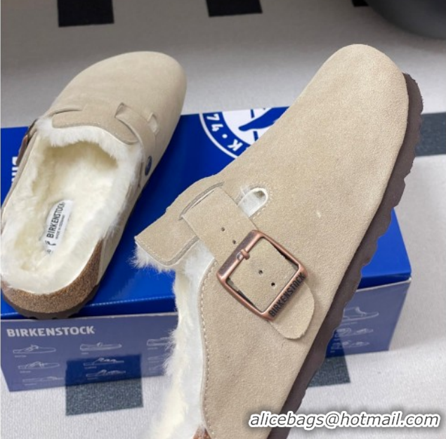 Top Grade Louis Vuitton x Birkenstock Flat Mules with Buckle Strap in Suede and Wool Grey 1022117