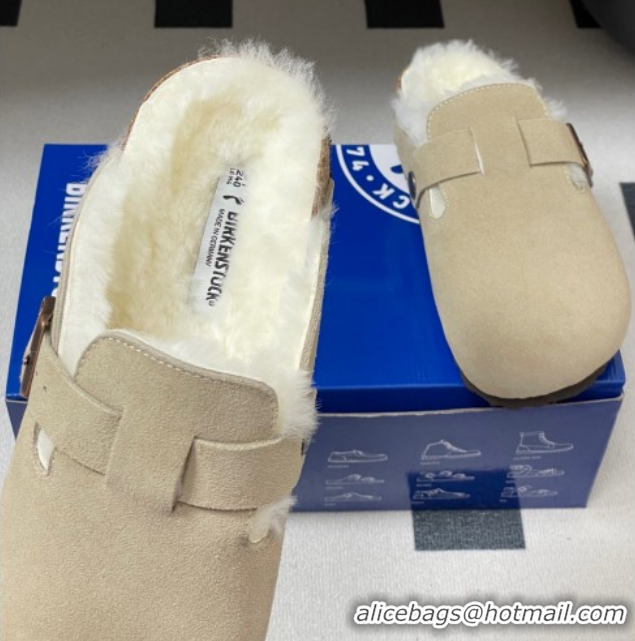 Top Grade Louis Vuitton x Birkenstock Flat Mules with Buckle Strap in Suede and Wool Grey 1022117