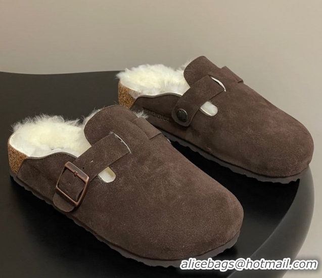 Grade Quality Louis Vuitton x Birkenstock Flat Mules with Buckle Strap in Suede and Wool Dark Brown 1022118