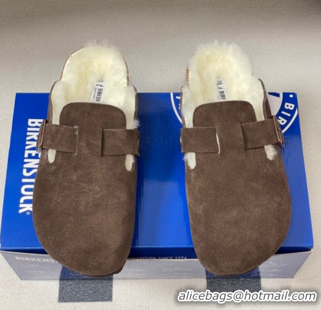 Grade Quality Louis Vuitton x Birkenstock Flat Mules with Buckle Strap in Suede and Wool Dark Brown 1022118