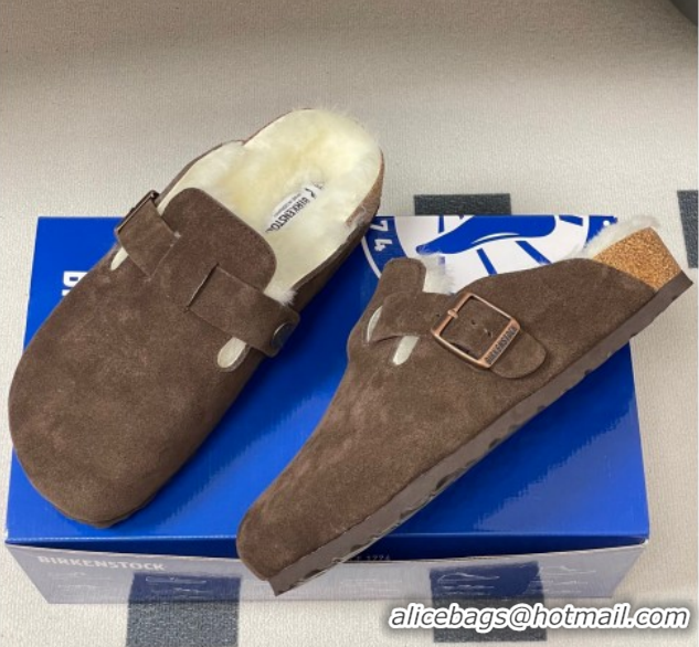 Grade Quality Louis Vuitton x Birkenstock Flat Mules with Buckle Strap in Suede and Wool Dark Brown 1022118