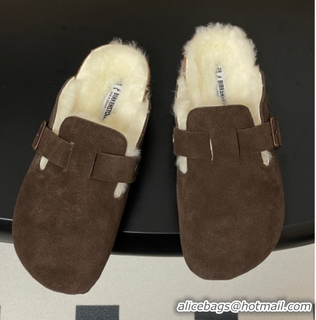 Grade Quality Louis Vuitton x Birkenstock Flat Mules with Buckle Strap in Suede and Wool Dark Brown 1022118