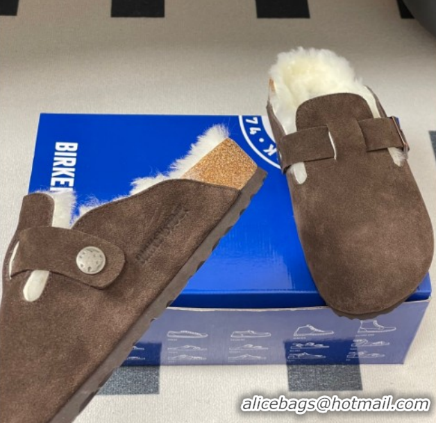 Grade Quality Louis Vuitton x Birkenstock Flat Mules with Buckle Strap in Suede and Wool Dark Brown 1022118