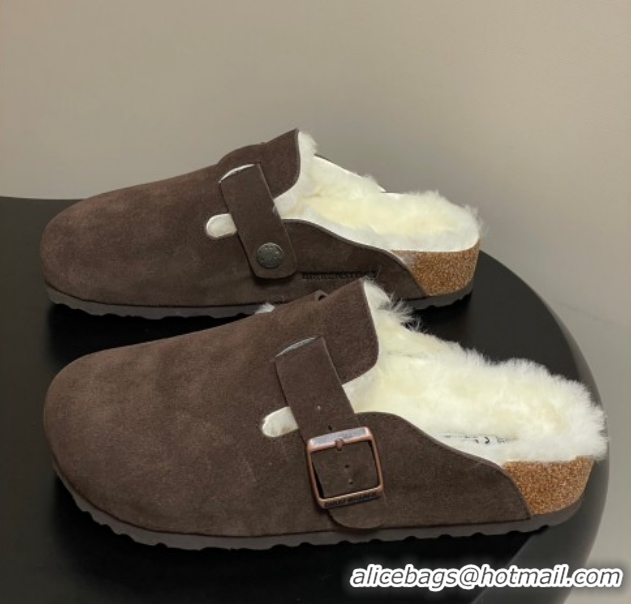 Grade Quality Louis Vuitton x Birkenstock Flat Mules with Buckle Strap in Suede and Wool Dark Brown 1022118