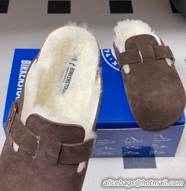 Grade Quality Louis Vuitton x Birkenstock Flat Mules with Buckle Strap in Suede and Wool Dark Brown 1022118