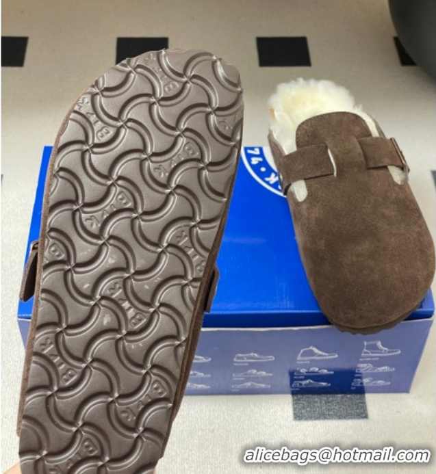 Grade Quality Louis Vuitton x Birkenstock Flat Mules with Buckle Strap in Suede and Wool Dark Brown 1022118