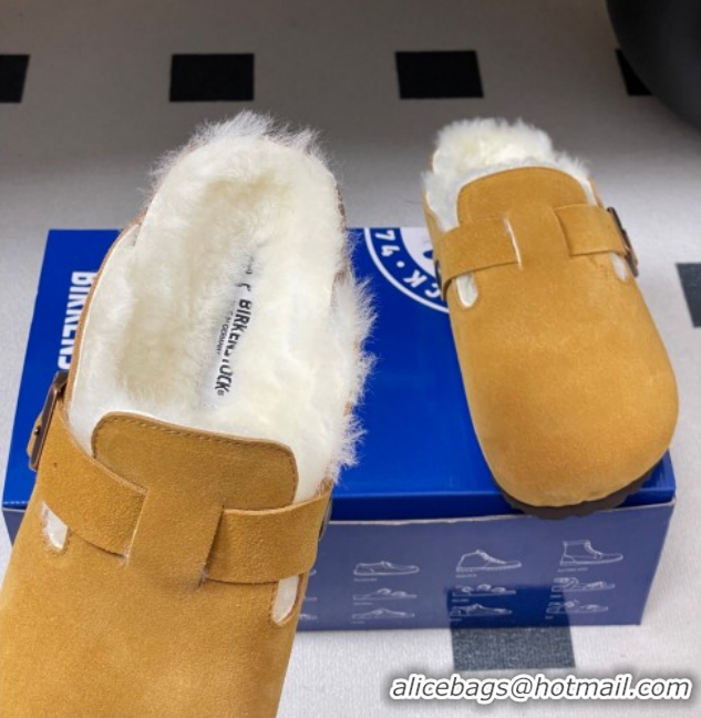 Best Product Louis Vuitton x Birkenstock Flat Mules with Buckle Strap in Suede and Wool Yellow 1022119