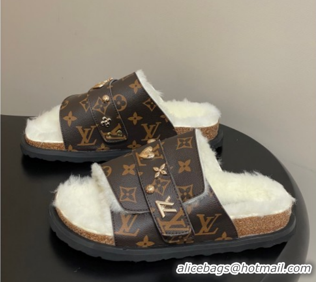 Buy Luxury Louis Vuitton x Birkenstock Flat Slides Sandal with Charm Strap in Monogram Canvas and Wool 1022120