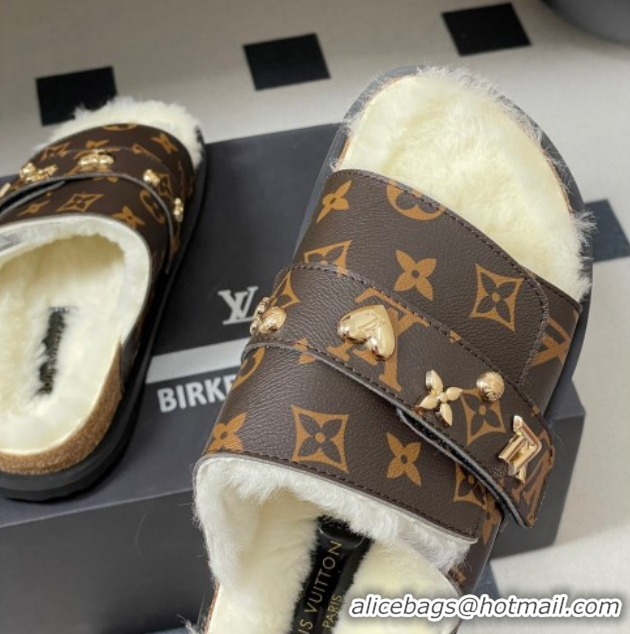 Buy Luxury Louis Vuitton x Birkenstock Flat Slides Sandal with Charm Strap in Monogram Canvas and Wool 1022120