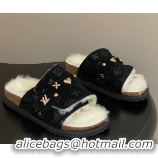 Best Price Louis Vuitton x Birkenstock Flat Slides Sandal with Charm Strap in Suede and Wool Black 1022121