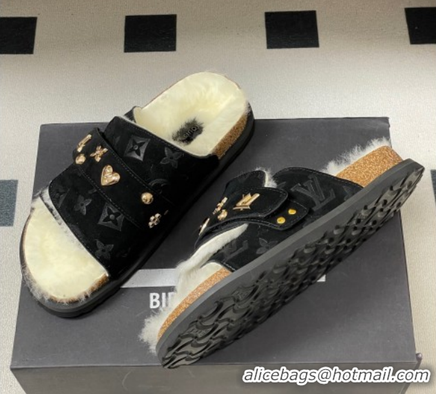 Best Price Louis Vuitton x Birkenstock Flat Slides Sandal with Charm Strap in Suede and Wool Black 1022121