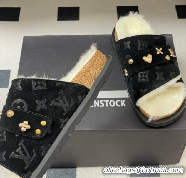 Best Price Louis Vuitton x Birkenstock Flat Slides Sandal with Charm Strap in Suede and Wool Black 1022121