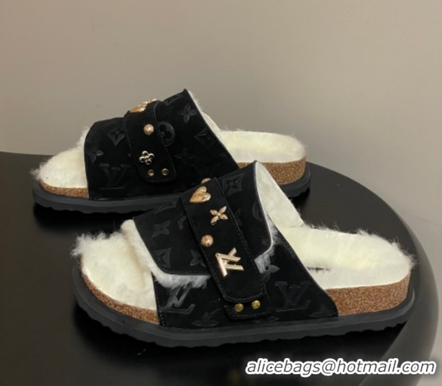 Best Price Louis Vuitton x Birkenstock Flat Slides Sandal with Charm Strap in Suede and Wool Black 1022121