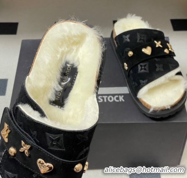 Best Price Louis Vuitton x Birkenstock Flat Slides Sandal with Charm Strap in Suede and Wool Black 1022121