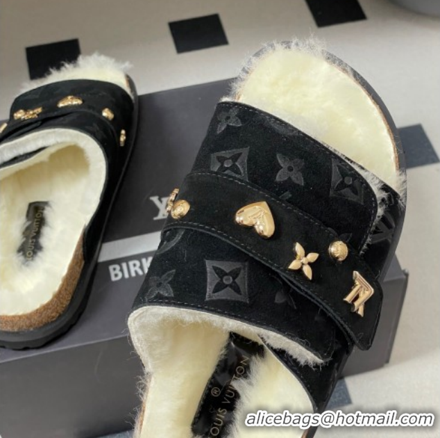 Best Price Louis Vuitton x Birkenstock Flat Slides Sandal with Charm Strap in Suede and Wool Black 1022121