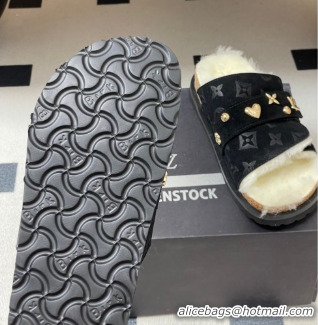 Best Price Louis Vuitton x Birkenstock Flat Slides Sandal with Charm Strap in Suede and Wool Black 1022121