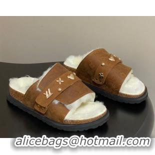 Perfect Louis Vuitton x Birkenstock Flat Slides Sandal with Charm Strap in Suede and Wool Brown 1022122