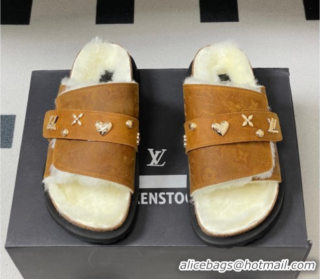 Perfect Louis Vuitton x Birkenstock Flat Slides Sandal with Charm Strap in Suede and Wool Brown 1022122