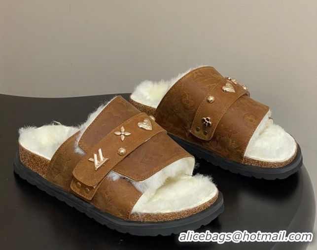 Perfect Louis Vuitton x Birkenstock Flat Slides Sandal with Charm Strap in Suede and Wool Brown 1022122