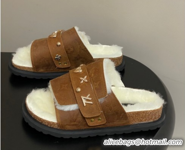 Perfect Louis Vuitton x Birkenstock Flat Slides Sandal with Charm Strap in Suede and Wool Brown 1022122