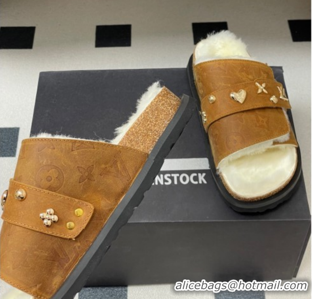 Perfect Louis Vuitton x Birkenstock Flat Slides Sandal with Charm Strap in Suede and Wool Brown 1022122