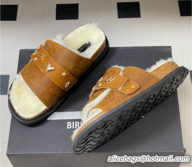 Perfect Louis Vuitton x Birkenstock Flat Slides Sandal with Charm Strap in Suede and Wool Brown 1022122