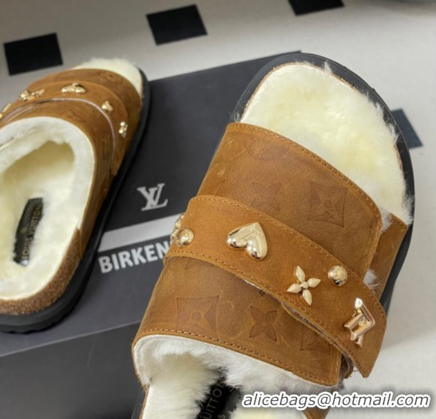 Perfect Louis Vuitton x Birkenstock Flat Slides Sandal with Charm Strap in Suede and Wool Brown 1022122