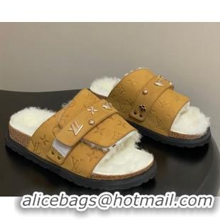 Good Looking Louis Vuitton x Birkenstock Flat Slides Sandal with Charm Strap in Suede and Wool Yellow 1022123