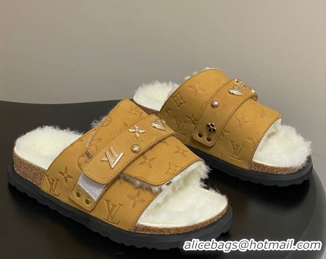 Good Looking Louis Vuitton x Birkenstock Flat Slides Sandal with Charm Strap in Suede and Wool Yellow 1022123