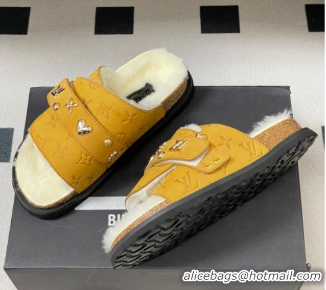 Good Looking Louis Vuitton x Birkenstock Flat Slides Sandal with Charm Strap in Suede and Wool Yellow 1022123