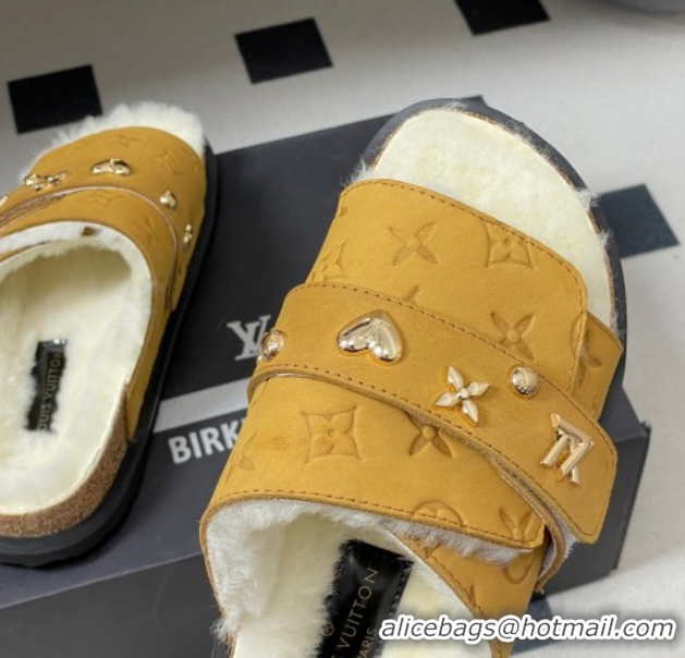 Good Looking Louis Vuitton x Birkenstock Flat Slides Sandal with Charm Strap in Suede and Wool Yellow 1022123