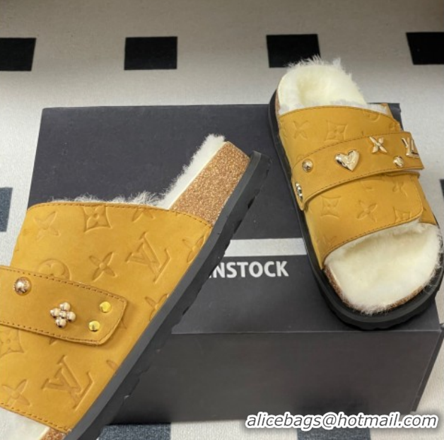 Good Looking Louis Vuitton x Birkenstock Flat Slides Sandal with Charm Strap in Suede and Wool Yellow 1022123