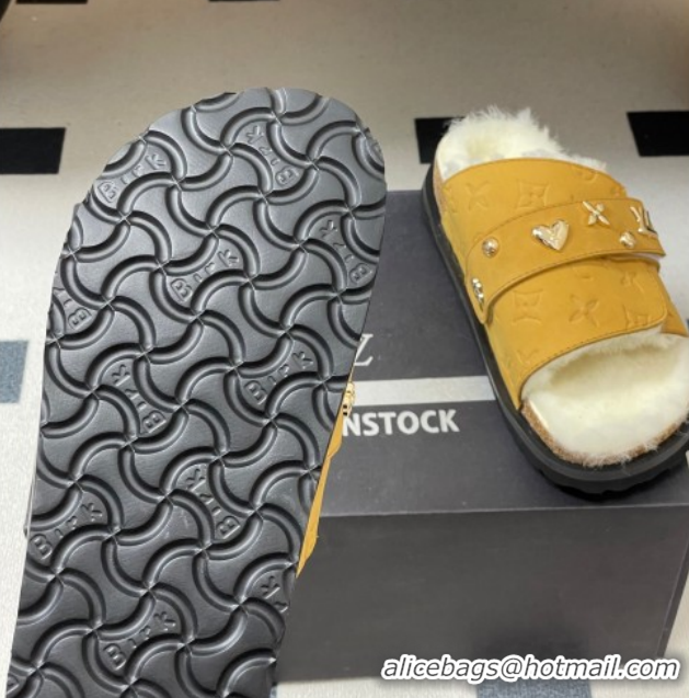 Good Looking Louis Vuitton x Birkenstock Flat Slides Sandal with Charm Strap in Suede and Wool Yellow 1022123
